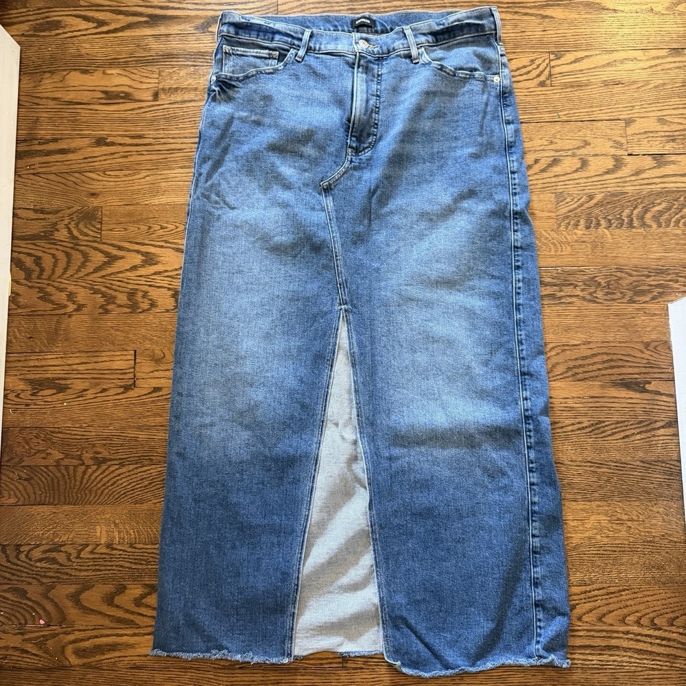 Express Medium Wash High Waisted Front Slit Maxi Denim Skirt Women's Size 14